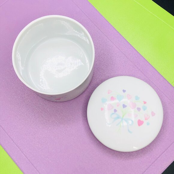 80s FTDA Pastel Heart Blue Ribbon Bouquet Porcelain Canister Vintage Candy Jar - Picture 4 of 10